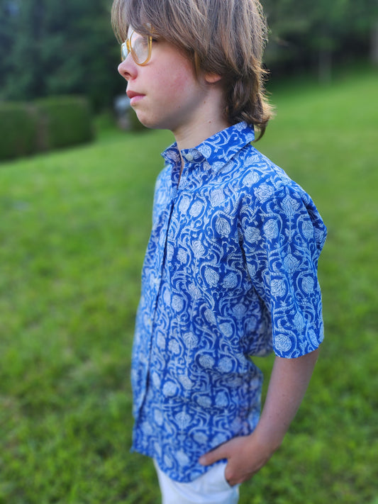 Chemise kid bleu block print