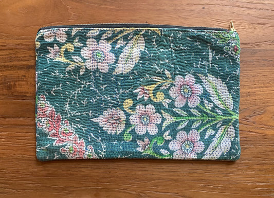 Grande pochette kantha vert et rose