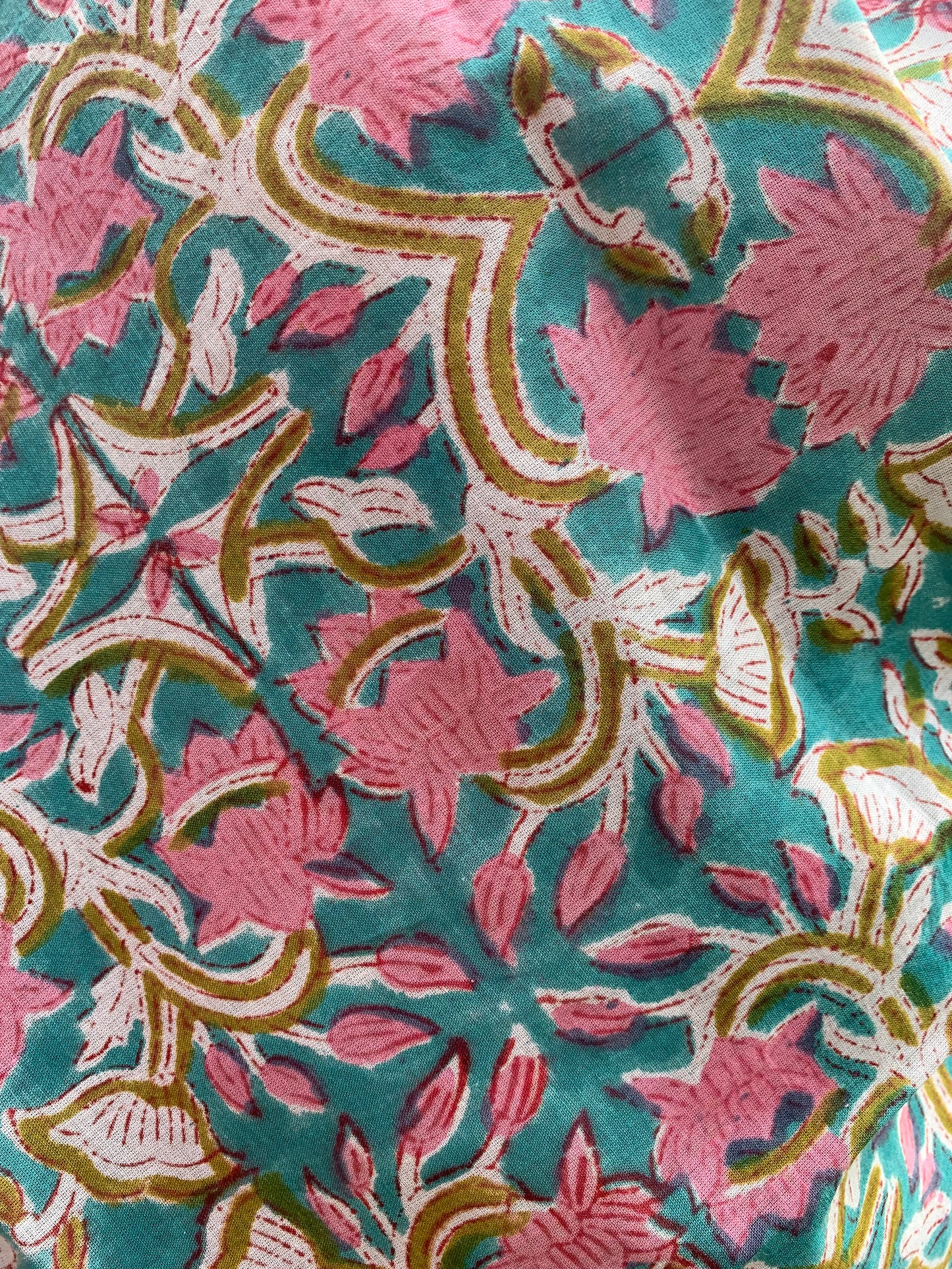 Paréo block print en turquoise et rose