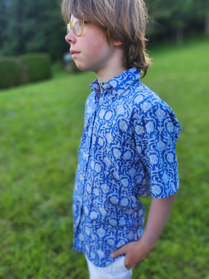 Chemise kid bleu block print