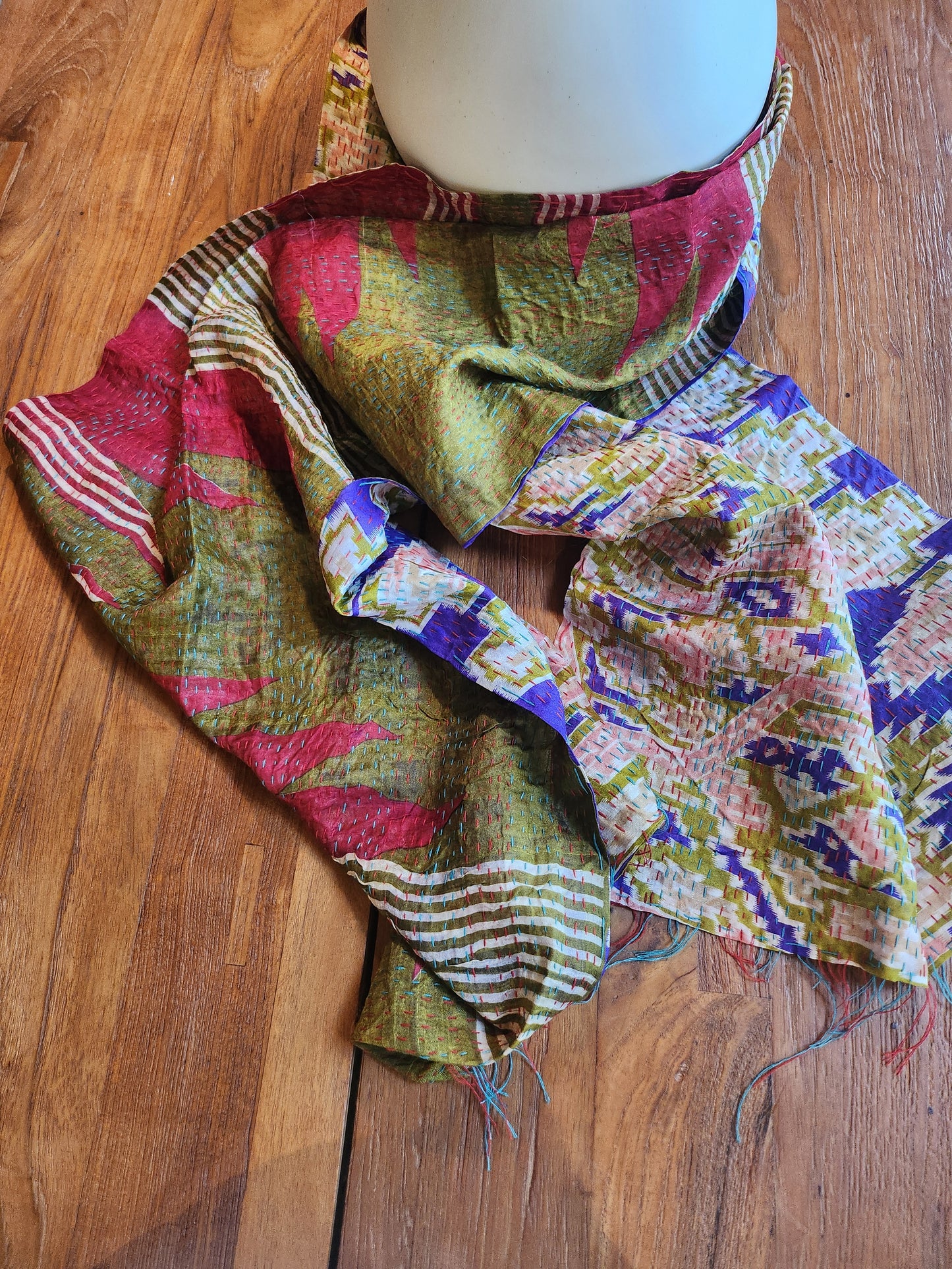 Écharpe kantha violet vert bordeau