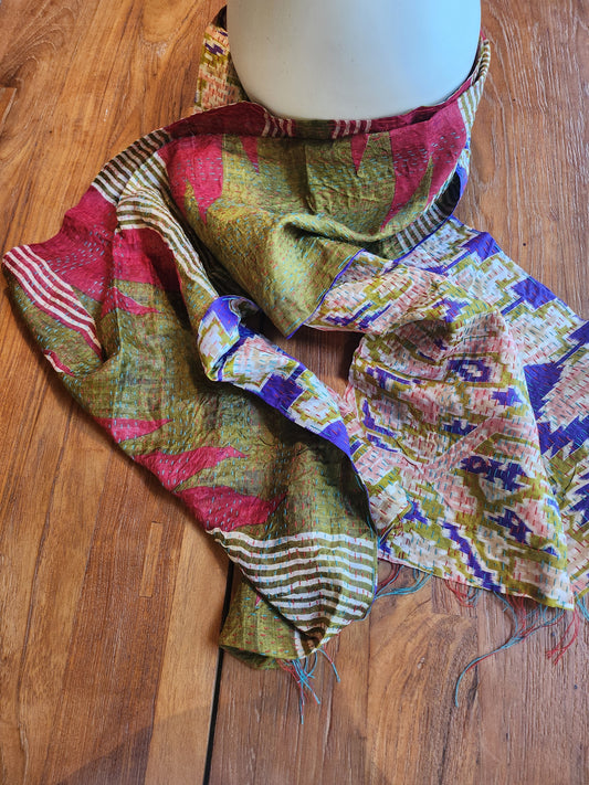 Écharpe kantha violet vert bordeau
