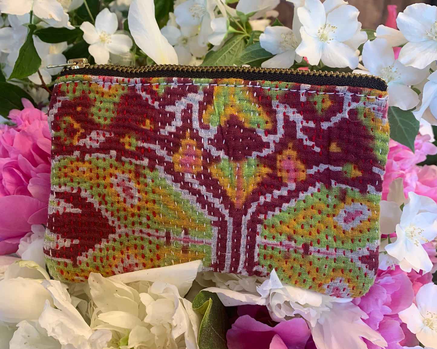 Petite pochette kantha ancien prune orange et vert