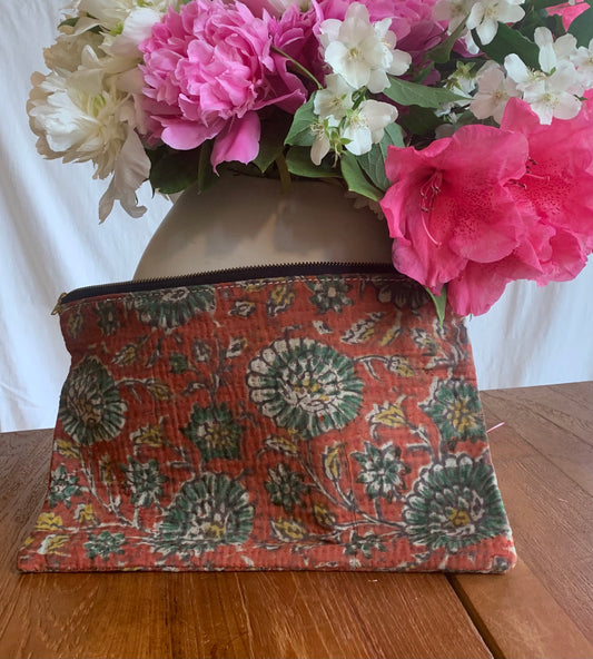 Grande pochette kantha bagru terracota et vert
