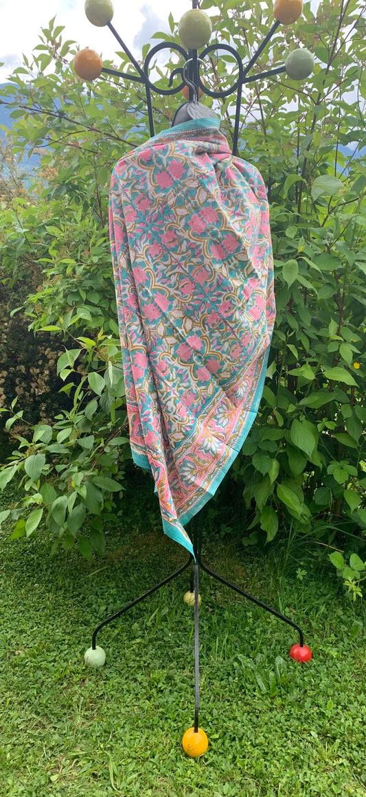 Paréo block print en turquoise et rose