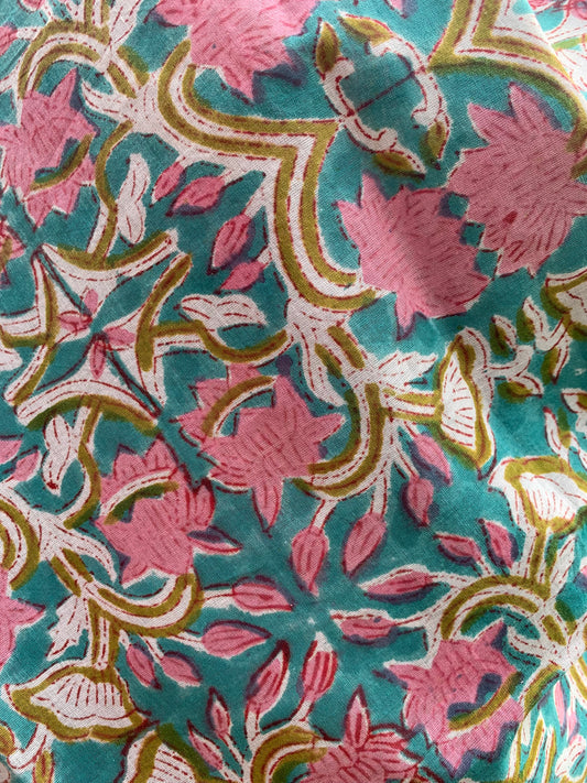 Paréo block print en turquoise et rose