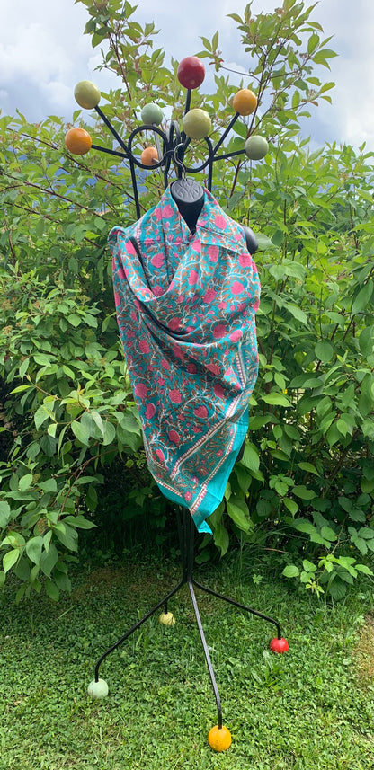 Paréo block print turquoise et fuschia