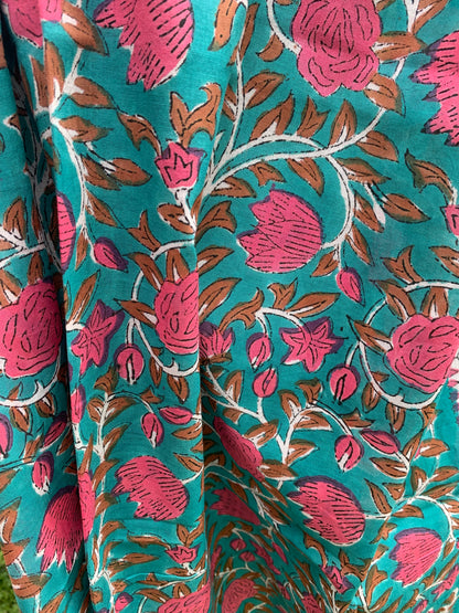 Paréo block print turquoise et fuschia