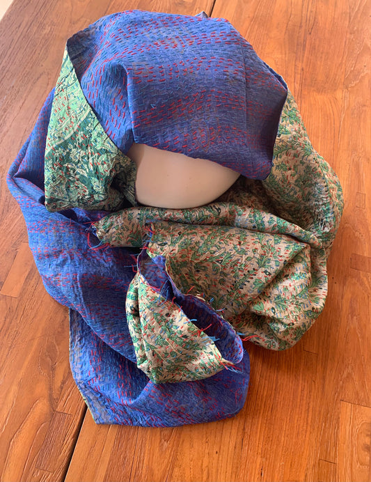 Étole Kantha bleu et vert d'eau